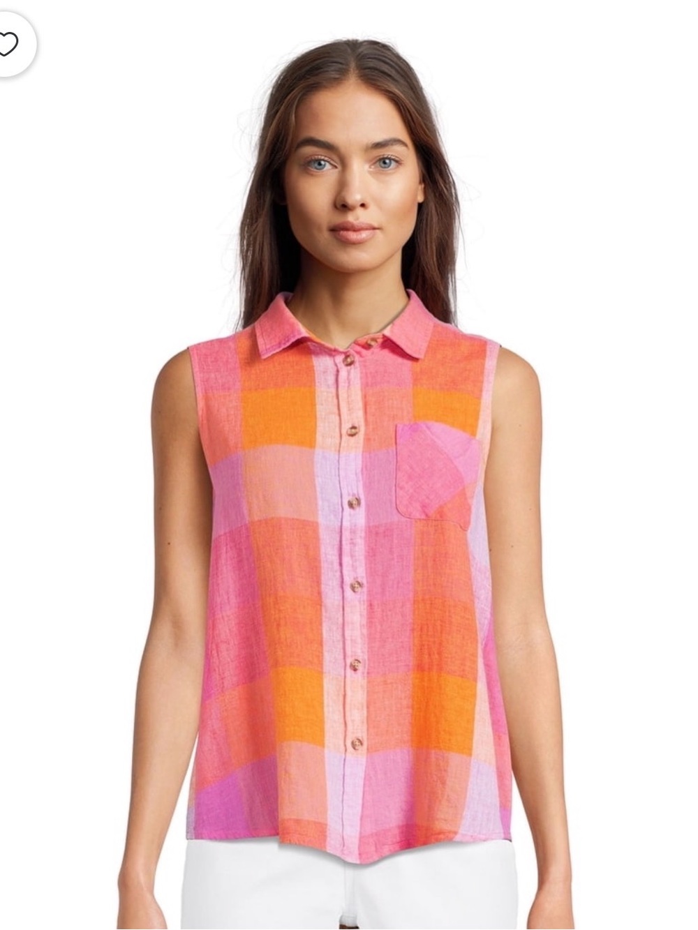 Sleeveless Button-Front Plaid Top in Pink & Orange